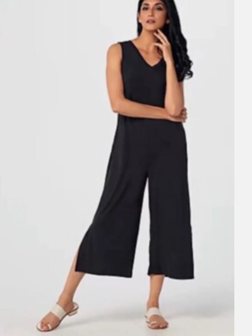 Cuddl Duds Jumpsuit - black sleeveless v-neck w/cropped wide legs